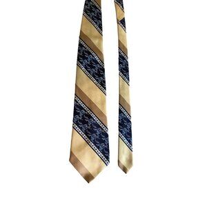 Vintage Damon Mens Silk Necktie Gold Navy Floral Striped USA Retro Dad Corpcore